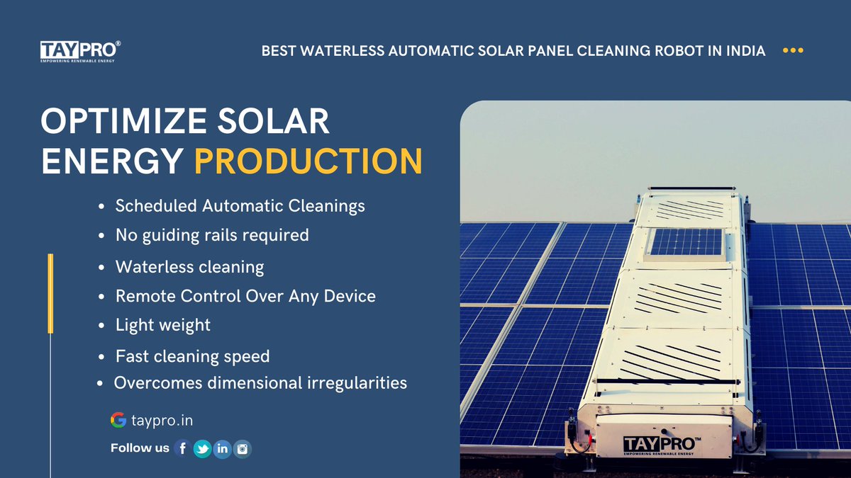 TayPro_Official's tweet photo. Optimize Solar Energy Production with Best waterless automatic solar panel cleaning robot in india

To know more, visit: https://t.co/RfdAiFddxQ
Call Us Today For a Free Demo. +91 9702171182
#SolarPanel #RoboticSolarCleaning #SolarCleaningDevice #SolarPanelCleaning #SolarCleaners https://t.co/AhkPREAWX6