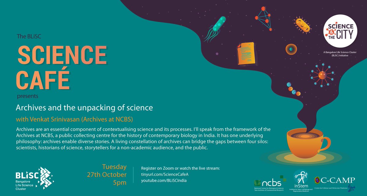 BLiSC_India's tweet photo. #Savethedate for the #BLiSCScienceCafe! We have Venkat Srinivasan @vns2 of the @Archives_NCBS who will discuss #archives and how they help bridge gaps between scientists, historians of #science, storytellers, &amp; the public! 

5pm | 27 October

Register: https://t.co/8PSbXbTc6u https://t.co/eKO8Bvip8H