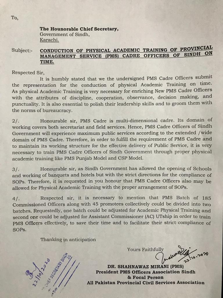 Chief Secretary Sindh is requested to implement the representation regarding Physical Academic Training submitted by PMS Sindh President &amp; APPCSA Focal person Dr Shahnawaz Mirani. Only Physical Academic Training can produce dedicated &amp; responsible cadre officers.
<a href="/MuradAliShahPPP/">Murad Ali Shah</a>