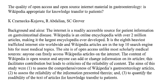 This is an abstract I presented at  @DDWMeeting 2008 in San Diego when I was a clinical associate  @UofT_GI_Head  @uoftmedicine. https://www.gastrojournal.org/article/S0016-5085(08)61518-8/abstractIt's a descriptive analysis of  @Wikipedia  @WikiProjectMed articles in GI. It went nowhere. We never published it.