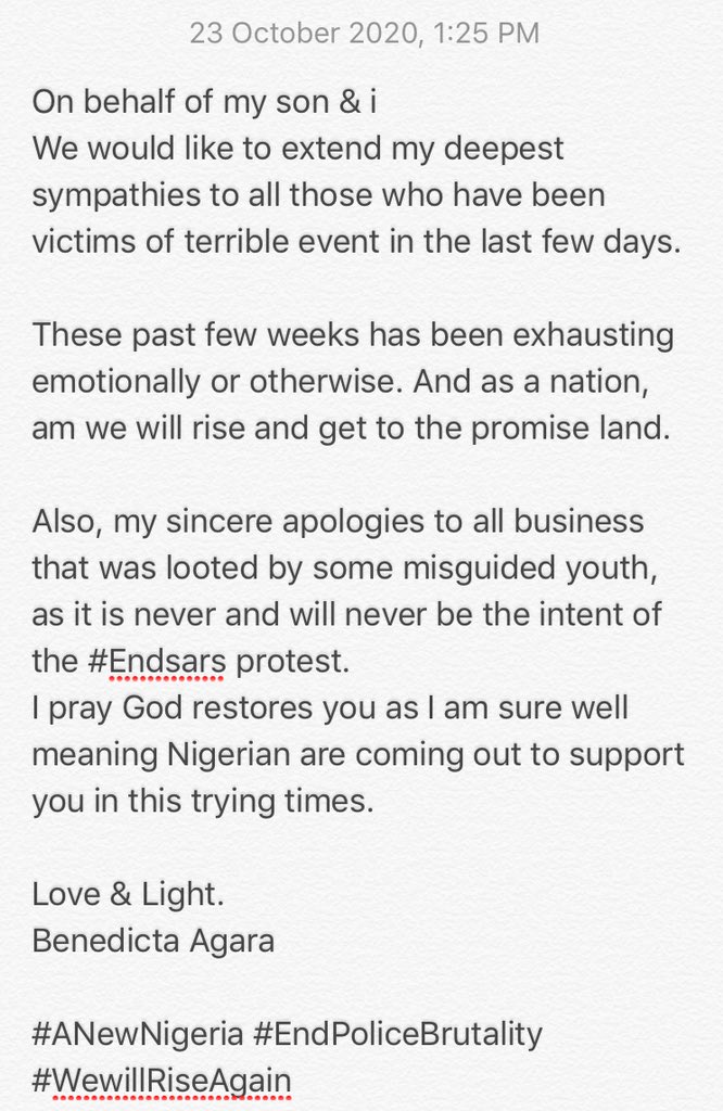 A New Nigeria is Emerging.
Cc:Shout out to; <a href="/falzthebahdguy/">Bop Daddy</a> <a href="/iRuntown/">Runtown</a> <a href="/DONJAZZY/">SUPREMOS 🤍🐘</a> <a href="/burnaboy/">Burna Boy</a> <a href="/davido/">Davido</a> <a href="/wizkidayo/">Wizkid</a> <a href="/ubifranklin1/">Ubi Franklin Ofem</a> @Djswitchaholic To everyone I can’t mention, who have contributed their time and other resources, Thank you for being the DRIVING FORCE FOR CHANGE. #EndSars