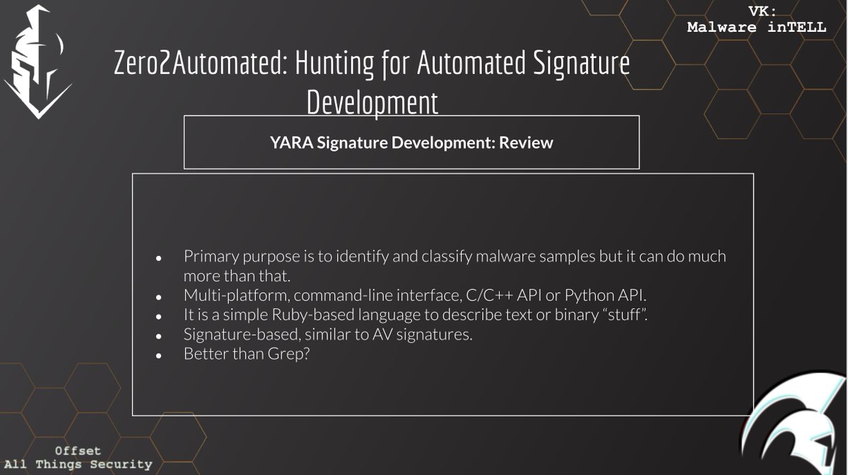 VK_Intel's tweet photo. 2020-10-23: [🆕 Our Advanced Malware Analysis Course: #Zero2Auto] Week: 
"Zero2Automated: Hunting for Automated Signature Development" - Ongoing (Join Now!) w/ our partner @anyrun_app for access (yay!)

🔥#YARA Curation: Backend Automated w/ Human Review

cc/ @0verfl0w_ @sysopfb https://t.co/AqX47QfCJn
