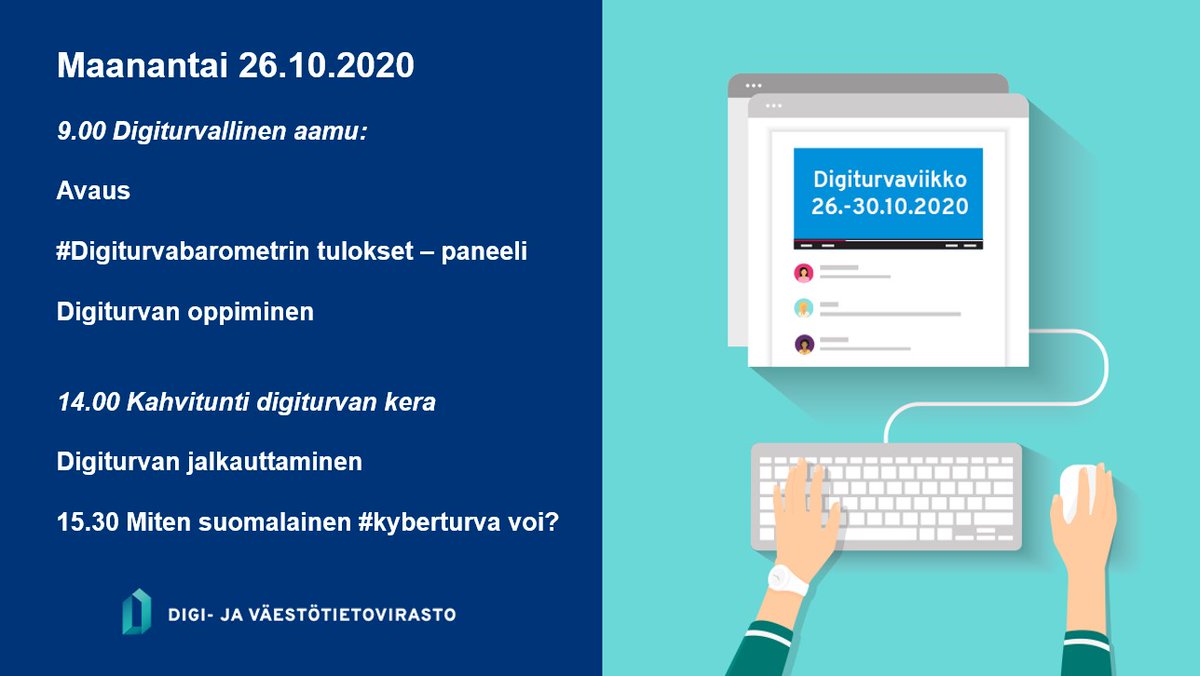 240 organisaatiota <a href="/dvvfi/">Digi- ja väestötietovirasto</a>  #Digiturvaviikko, joka käynnistyy ma 26.10. klo 9.00 pääjohtaja @janneviskari avauksella osoitteessa mediaserver.fi/live/digiturva… 

Kaikki #livelähetys tässä osoitteessa - tervetuloa! 

Nyt ja ensi viikolla ehtii vielä ilmoittautua dvv.fi/digiturvaviikko