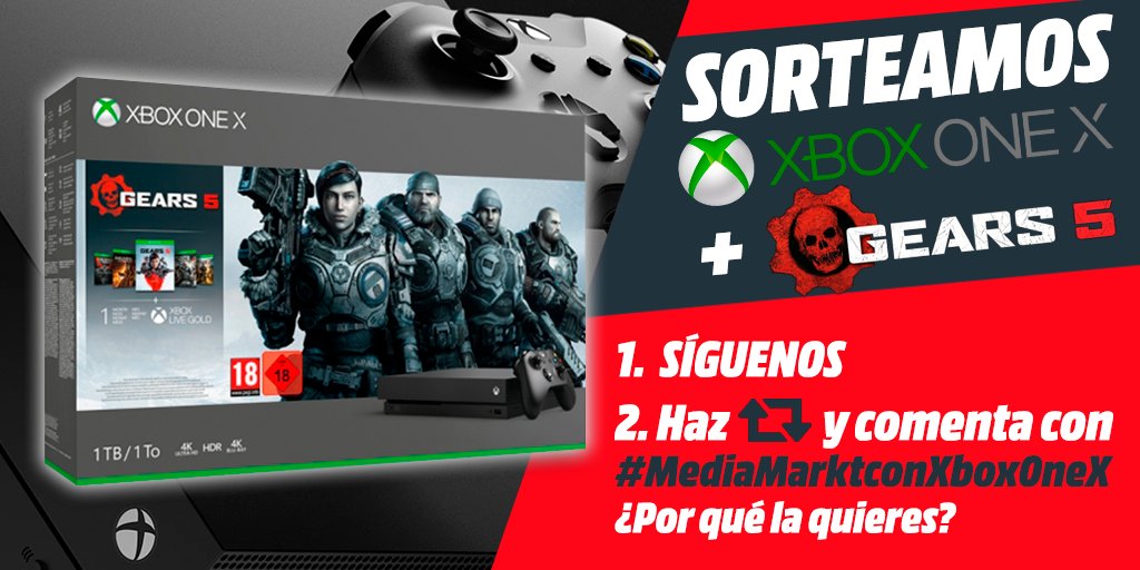 🔥SORTEAMOS una #XboxOneX con #Gears5 para que la llegada de la nueva generación se te haga más corta🔥

✅Síguenos
✅Haz retweet y comenta con #MediaMarktconXboxOneX ¿por qué la quieres? 🦾

¡A más comentarios, más opciones de ganar!

⏱️#Sorteo Hasta 29/10 <a href="/Xbox_Spain/">Xbox España</a>