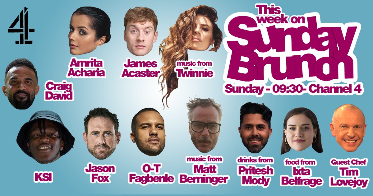 SundayBrunchC4's tweet photo. On #SundayBrunch this week: @AmritaAcharia1, James Acaster, @CraigDavid, @KSI, @jason_carl_fox and @OTFagbenle! Plus music from @TwinnieOfficial and @Mattberninger, drinks with @luvfoodluvdrink, food from Ixta Belfrage and @timlovejoy as Guest Chef!
Sunday, 9.30am @Channel4 🥐☕️ https://t.co/pRkLZMTvVt