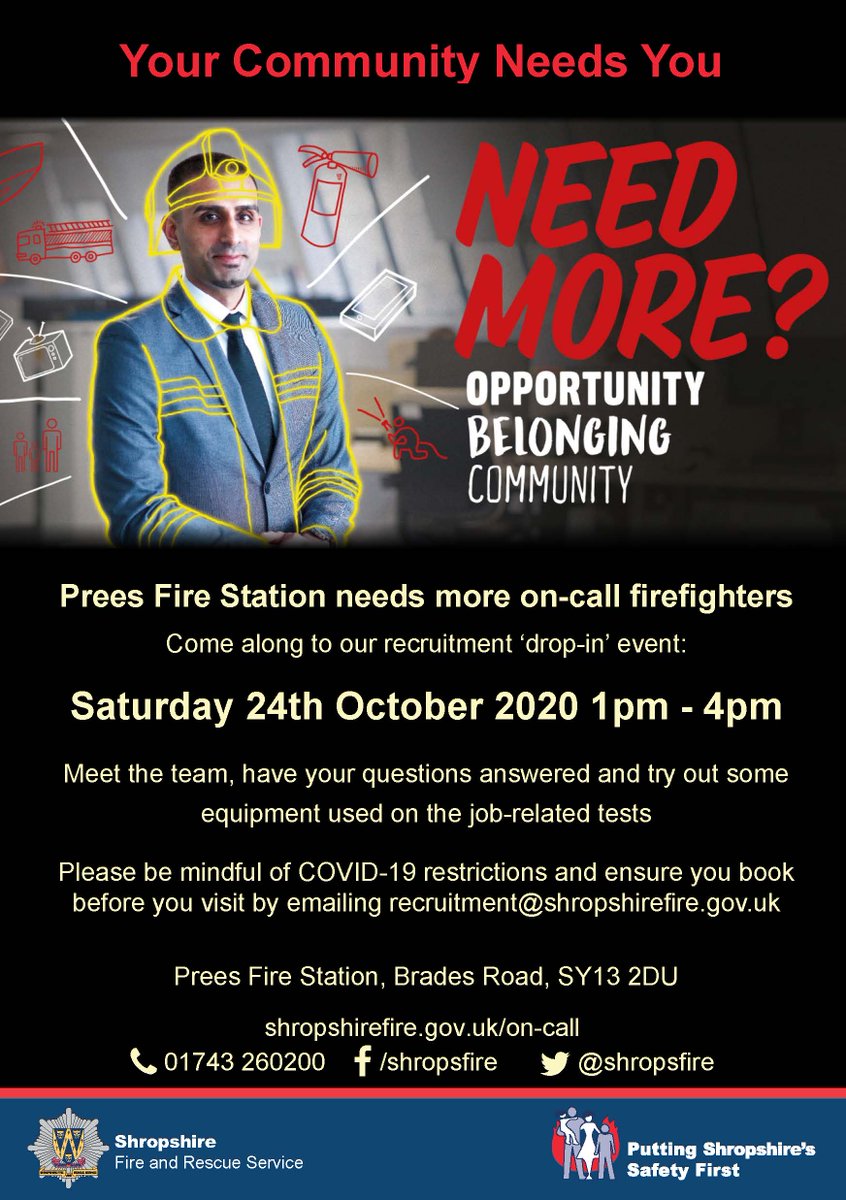 shropsfire's tweet image. ⭐ TOMORROW ⭐

🏠Do you live or work in #Prees?🏡

@PreesFire_SFRS are looking for more #oncall firefighters.

For a rewarding, exciting and challenging role - look no further.

More information about being an on-call firefighter: shropshirefire.gov.uk/on-call

#shropshire #careers
