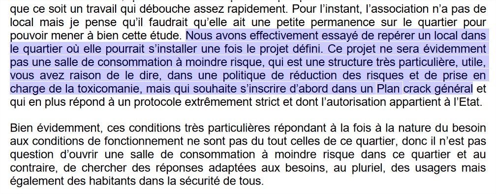 5Cette opération vient de loin. Dès juin 2018, des élus, alertés par des riverains, avaient posé la question en Conseil municipal. La mairie avait affirmé qu'il s'agissait "juste" d'un CAARUD (centre d'accueil), en aucun cas d'une salle de conso.  https://bit.ly/34nt8Kc 