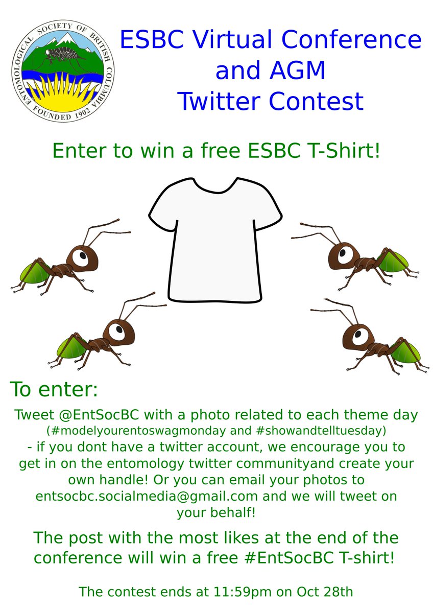 EntSocBC's tweet photo. For #ESBC2020 we have theme days! Mon Oct 26th will be #modelyourentoswagmonday and Tues Oct 27th will be #showandtelltuesday. Tweet a picture @EntSocBC with your favorite entomology swag, cool entomology-related item (or both!) with the #entomologyfromanywhere! https://t.co/OWCIieRp6s