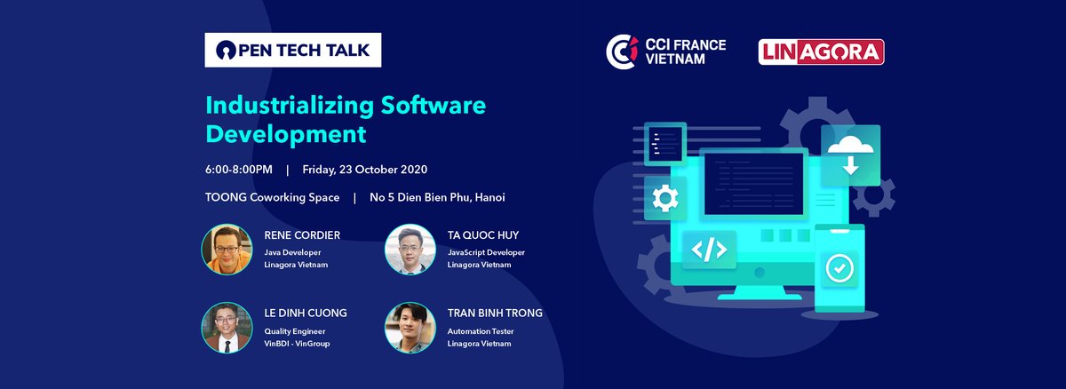 LinViet's tweet photo. Open Tech Talk: Industrializing Software Development co-organized by Linagora Vietnam and @CCIFV is happening soon. 

► Time: 6.00 pm - 8.15 pm, Friday, 23.10.2020
► Venue: TOONG Coworking Space, No. 5 Dien Bien Phu, Ba Dinh Dis., Ha Noi.

See more here: https://t.co/1ZiTRsK7cR https://t.co/dNusMlZZvx