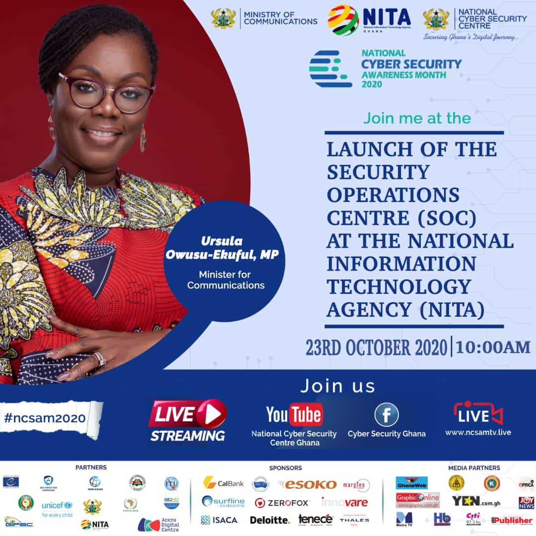 fhfrancesg's tweet photo. We are left with some few days to the end of the month so let's finish #NCSAM2020 hard. Join us this morning @ 10am as we Launch the Security Operations Center at NITA
@UrsulaOw @aantwi_boasiako @NCSC_Ghana @mocghana @NitaGhana @gipcghana @NenyiGAndah @naa_essah @Fiifi_Malik https://t.co/zqILQ7mIix