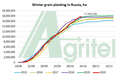 EuroAgritelTour's tweet photo. Record pace of #wintersowings in #Russia 🇷🇺: 17.9 Mha of all-crops already planted. Ministry's estimate: winter crops area at 19.15 Mha, +1 Mha vs 2019. Hydric stress is worsening with no 💦 in forecast for 2 weeks. More in our November reports: https://t.co/zy3ZEIH9XU #EAT2021 https://t.co/Qo8GsMrZ8D