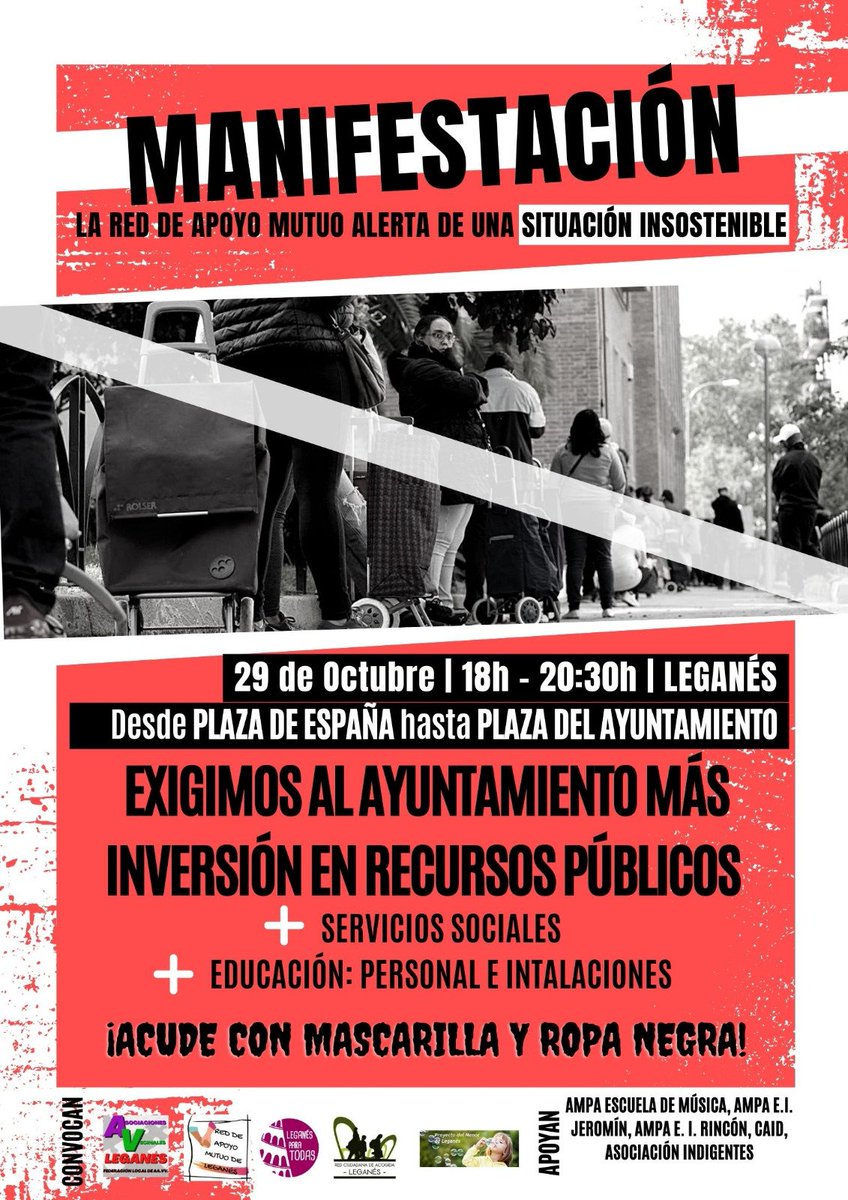 LegaParaTodas's tweet photo. ¡¡¡La Red Apoyo Mutuo alerta de que la situación ya es insostenible!! Exigimos al ayuntamiento más inversión en recursos públicos. Hay muchas familias sin sus necesidades cubiertas mientras los servicios sociales no llegan a todas. Por ello el 29 de octubre saldremos a la calle. https://t.co/GhcJX24cou
