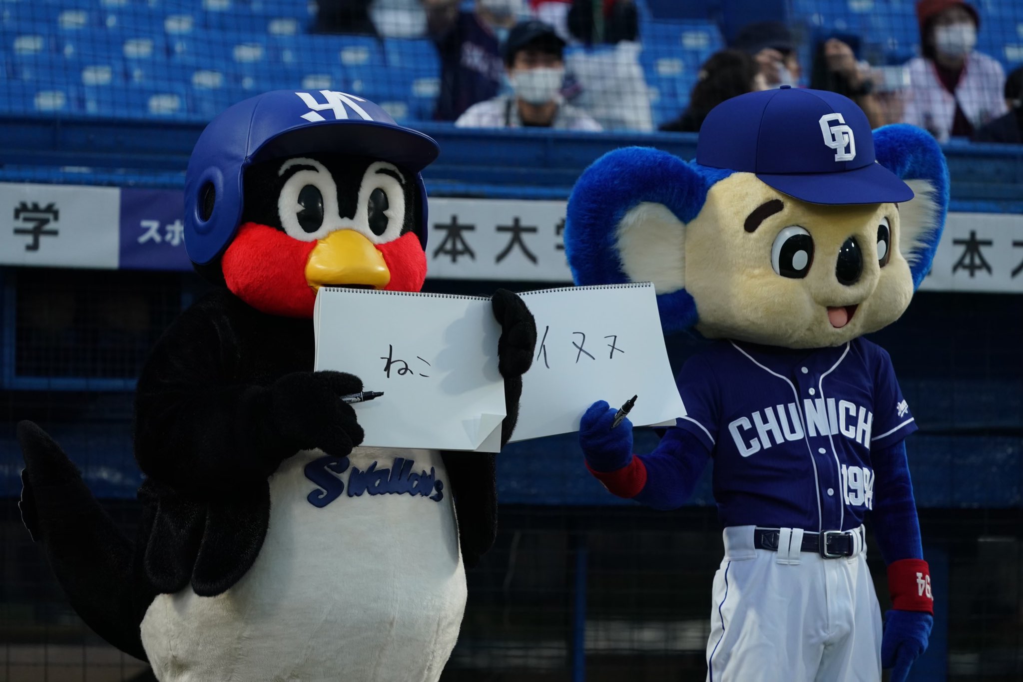 東京ヤクルトスワローズ公式 本日から3連戦 ドアラが来場 試合前につば九郎とドアラで筆談トークショーを行いました Swallows つば九郎 ドアラ T Co Jkqvjtipfu Twitter
