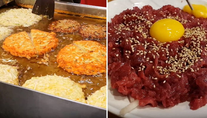 The market is also famous for street food : Bindae-tteok (bean pancake), Mayak Gimbap ('mayak' means 'drug'-because it is so good and even addictive..?), and Yukhoe (raw beef steak tartare). Food street is usually very crowded but worth trying