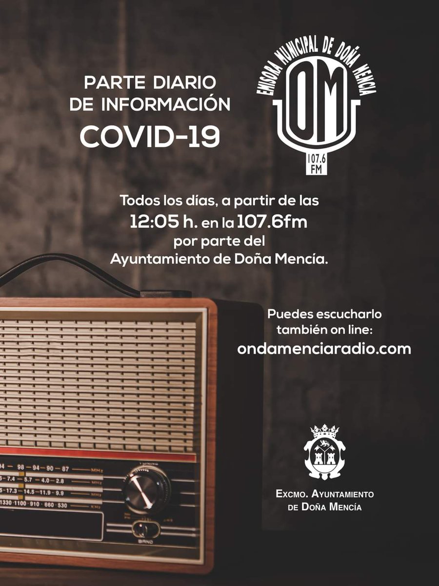 PARTE DIARIO EN RADIO | 📣
En Onda Mencía Radio todos los días, mientras dure este periodo de incremento de casos #Covid_19, #información por parte del Ayuntamiento de Doña Mencía, a partir de las 12:05 h. en la 107.6fm, y también en 👉 https://t.co/4kufk8OaWi https://t.co/lsF32qIaU1