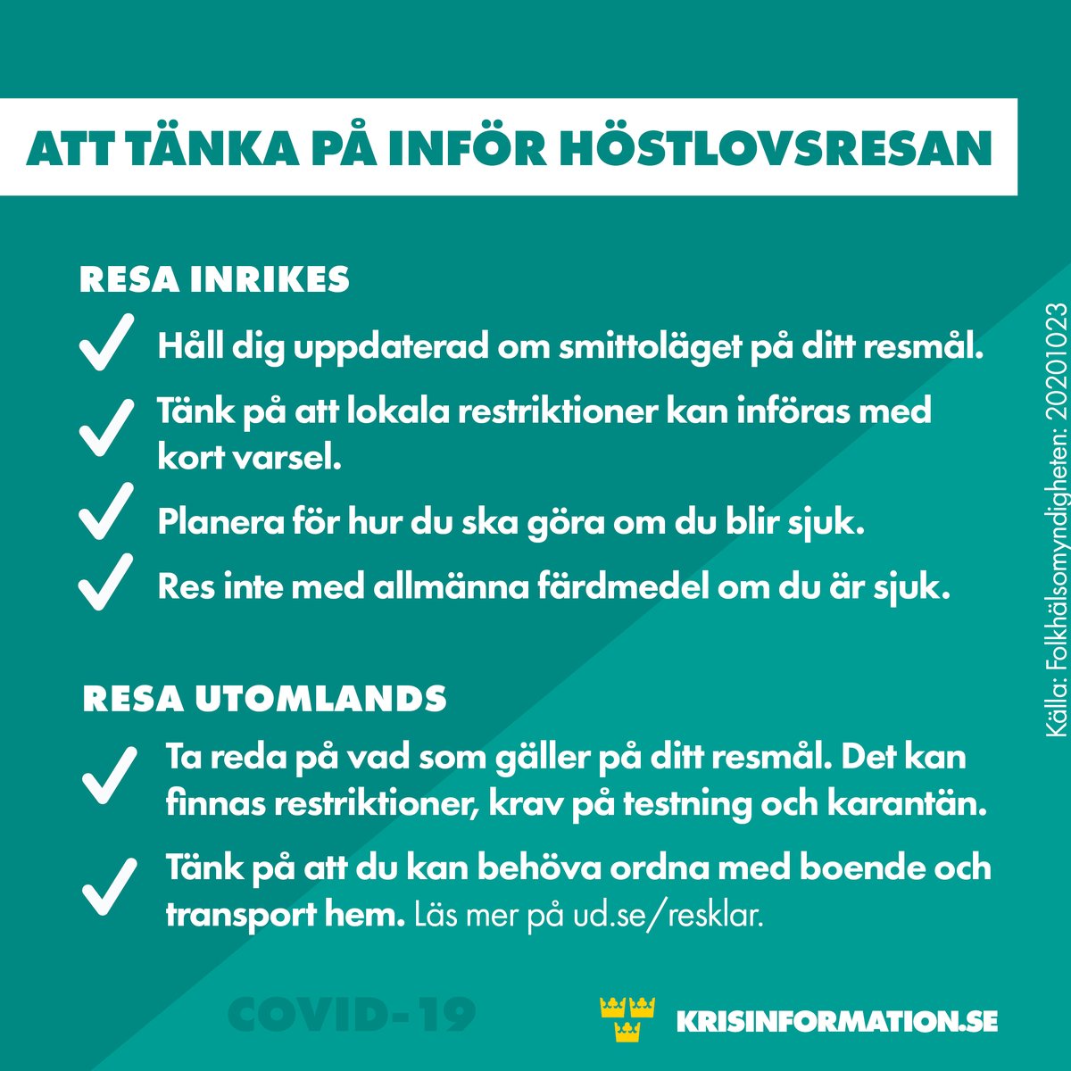 Tänk på att du har ett personligt ansvar när du reser. Här är några tips inför resan 🚗🚌🚂. Hur gör du för att resa så smittsäkert som möjligt?