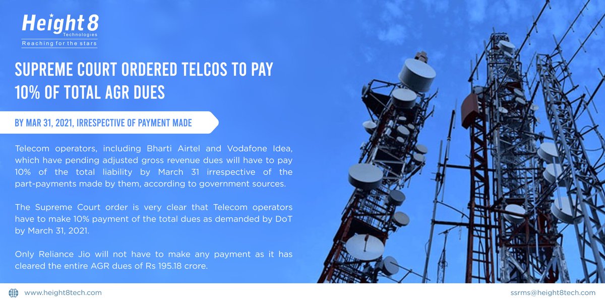 Height8Ltd's tweet photo. The Supreme Court ordered very clearly that telecom operators have to make 10% payment of the total dues as demanded by DoT by March 31, 2021. 

#telecomnews #telecom #telecommunications #latestnews #fridaynews #ISP #CSP #height8 #height8technologies #DoT #telecomoperators https://t.co/2DQYOp91j6