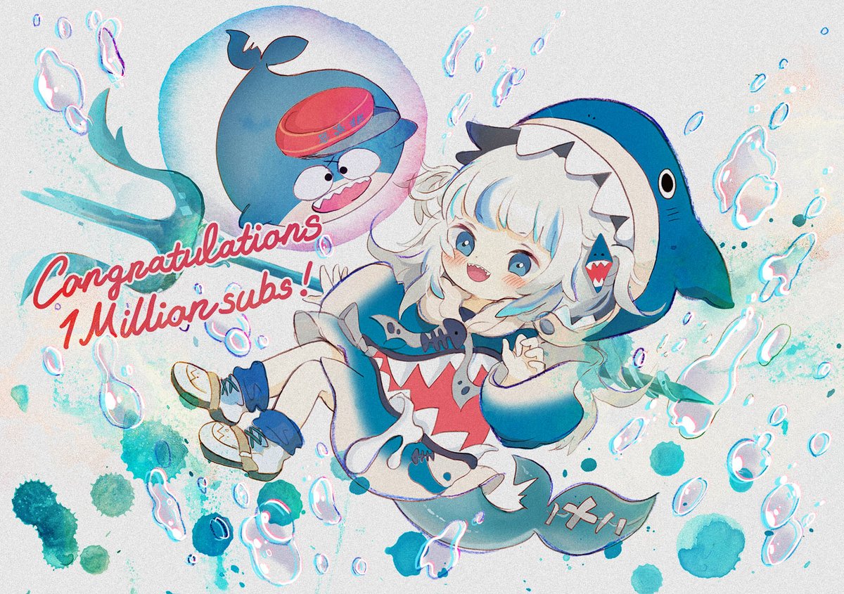 gawr gura 1girl tail blue eyes hood blue hair grey hair white footwear  illustration images