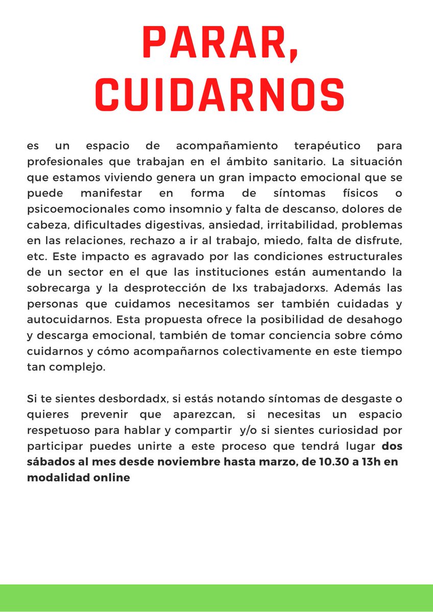 CabeceraMAD's tweet photo. PARAR, CUIDARNOS
Os compartimos este espacio de acompañamiento terapéutico para profesionales de la sanidad https://t.co/q4tMDjuRhj