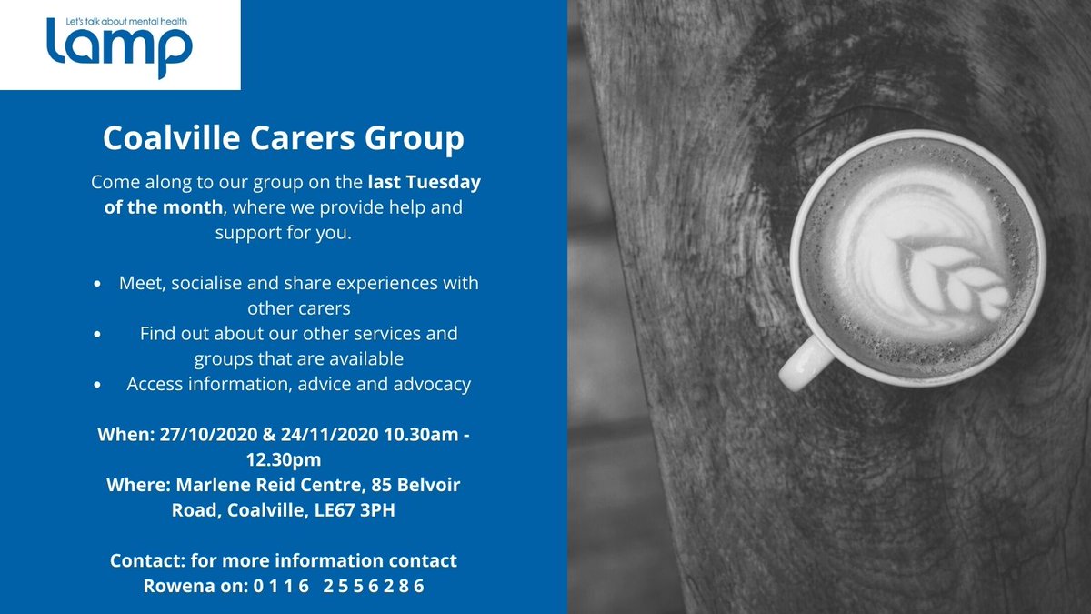 Are you a carer for someone with a mental health condition in Leicester, Leicestershire or Rutland? If so, please join us for our carers group on Tuesday 27th October in Coalville.  To join in, call Rowena on 0116 2556286 and choose Option 2. 
#Mentalhealth  #Leicester