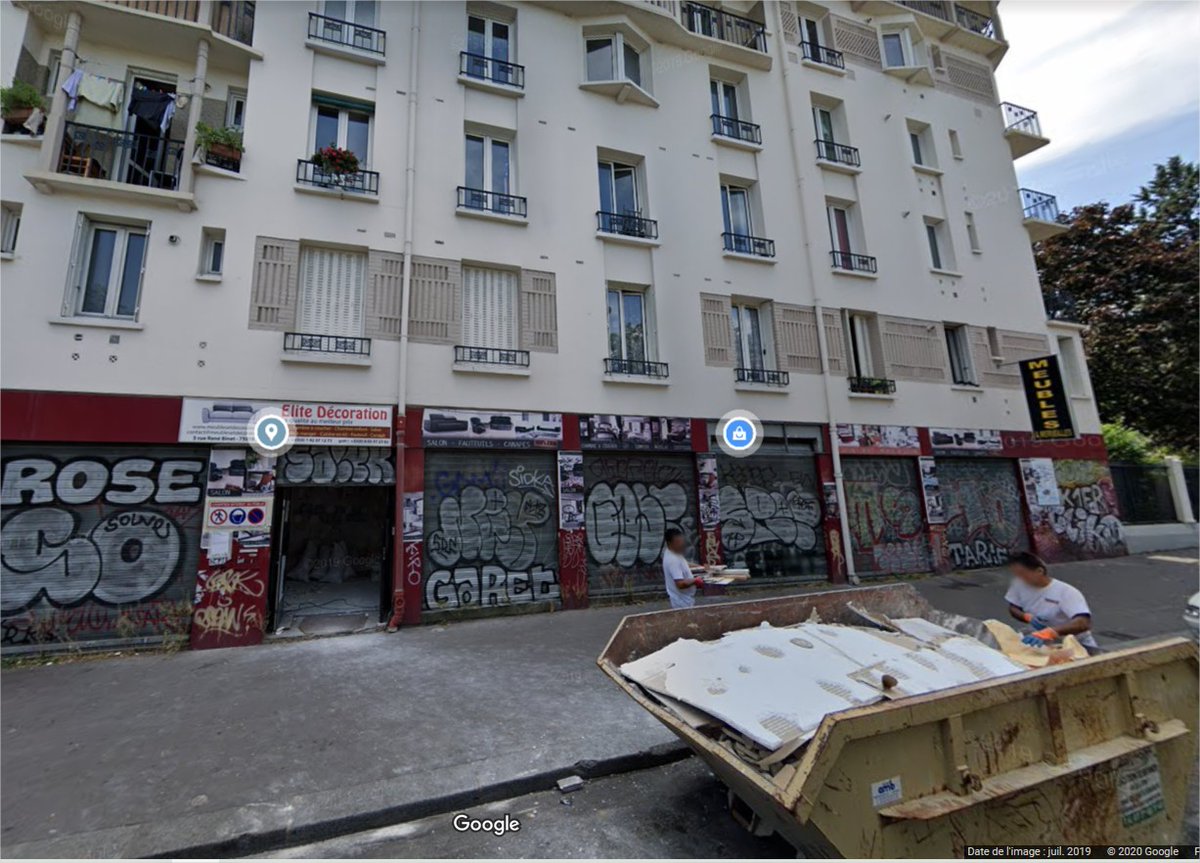 10C'était en juillet 2019. Les travaux étaient déjà commencés, comme on le constate sur cette vue Google. Le bailleur Paris Habitat s'était vu imposer la transformation de ce commerce en pied d'immeuble HLM, au 3 rue Binet, en local d'accueil pour crackheads.