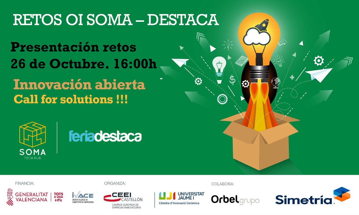 CEEICastellon's tweet image. El lunes 26 a las 16 h no te pierdas la presentación y sesión Q&amp;amp;A de los retos de innovación abierta que #SOMATechHub y la @ciccvuji (@UJIuniversitat) lanzan para @feriadestaca , con Grupo Simetría y @Orbel_Logistica.
👇
ceeicastellon.emprenemjunts.es/?op=14&amp;amp;n=17737
#InnovaciónAbierta #OpenInnovation