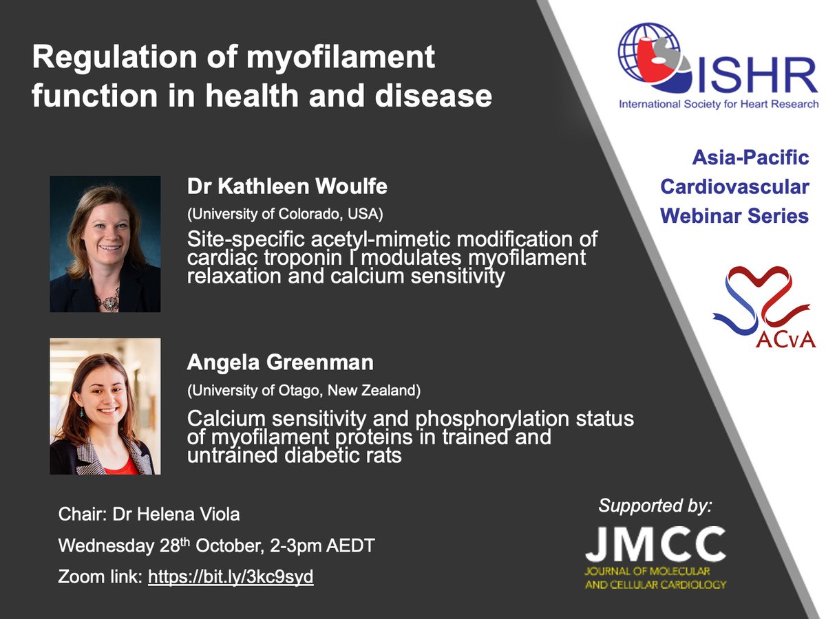 Dr Kate Weeks (@k8weeks) on Twitter photo Join us for next week's #ISHR webinar on 'Regulation of myofilament function in health & disease'
Speakers: <a href="/dr_kcwoulfe/">KC Woulfe, PhD</a> & <a href="/angiegreenman/">Angela Greenman, MSc</a>
Chair: @HelenaViolaUWA
2pm AEDT Wed 28th Oct (Tues in 🇺🇸)
Register: bit.ly/3kc9syd
<a href="/OzCvA/">ACvA</a> <a href="/JMCCardiology/">Journal of Molecular and Cellular Cardiology</a> <a href="/ISHR_NAS/">ISHR North American Section</a> <a href="/ECI_ISHR/">Early Career Investigators @ISHR North America</a> Join us for next week's #ISHR webinar on 'Regulation of myofilament function in health & disease'
Speakers: <a href="/dr_kcwoulfe/">KC Woulfe, PhD</a> & <a href="/angiegreenman/">Angela Greenman, MSc</a>
Chair: @HelenaViolaUWA
2pm AEDT Wed 28th Oct (Tues in 🇺🇸)
Register: bit.ly/3kc9syd
<a href="/OzCvA/">ACvA</a> <a href="/JMCCardiology/">Journal of Molecular and Cellular Cardiology</a> <a href="/ISHR_NAS/">ISHR North American Section</a> <a href="/ECI_ISHR/">Early Career Investigators @ISHR North America</a>