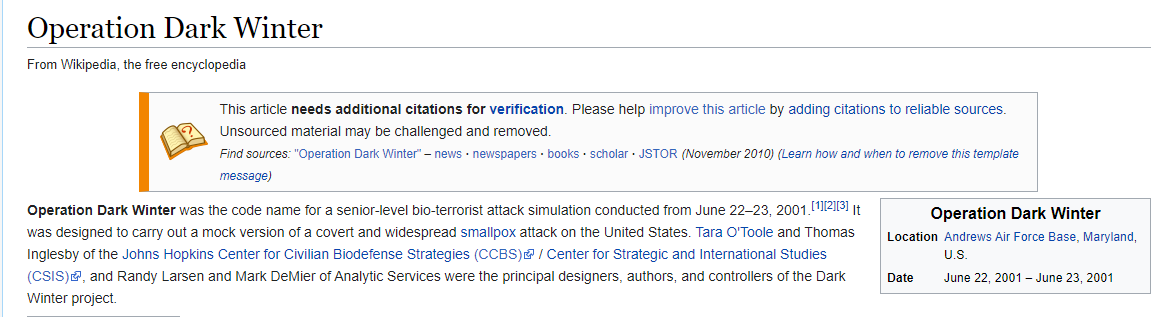 We now know that China made this virus in a lab in Wuhan.Joe Biden repeated the phrase "Dark Winter" https://en.wikipedia.org/wiki/Operation_Dark_Winter"Operation Dark Winter was the code name for a senior-level bio-terrorist attack simulation conducted from June 22–23, 2001."
