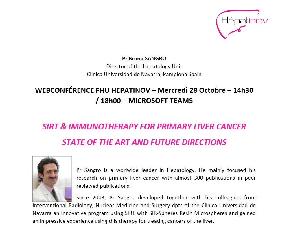 Centre Hépato-Biliaire, Hôpital Paul Brousse (@chbpaulbrousse) on Twitter photo 📢This Wednesday the 28th of october Pr DUCLOS-VALLÉE, Pr ROSMORDUC and Pr SANGRO offer you a new Conference Online : « Sirt & Immunotherapy for primary liver cancer – State of the art and future directions »
<a href="/Paul_Brousse/">Hôpital Paul-Brousse AP-HP</a>
<a href="/UnivParisSaclay/">Université Paris-Saclay</a>
<a href="/MedUNAV/">Facultad de Medicina # Universidad de Navarra</a>
<a href="/ClinicaNavarra/">Clínica Universidad de Navarra</a> 📢This Wednesday the 28th of october Pr DUCLOS-VALLÉE, Pr ROSMORDUC and Pr SANGRO offer you a new Conference Online : « Sirt & Immunotherapy for primary liver cancer – State of the art and future directions »
<a href="/Paul_Brousse/">Hôpital Paul-Brousse AP-HP</a>
<a href="/UnivParisSaclay/">Université Paris-Saclay</a>
<a href="/MedUNAV/">Facultad de Medicina # Universidad de Navarra</a>
<a href="/ClinicaNavarra/">Clínica Universidad de Navarra</a>