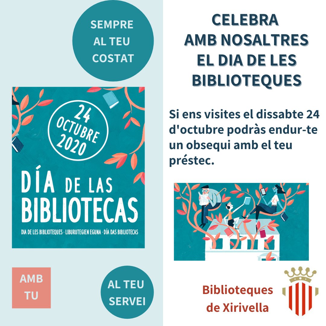24 D’OCTUBRE – DIA DE LES BIBLIOTEQUES
👉Perquè estem oberts a tots i totes, al vostre servei i sempre al vostre costat.🙂
Visita’ns el dissabte 24 i t’enduràs un detall amb el teu préstec. 🎁T’esperem!
#bibliotecadexirivella #DiadelesBiblioteques