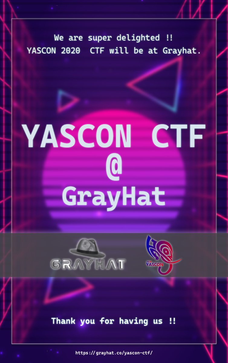 yetanothersec's tweet photo. We are super delighted !!

YASCON 2020  CTF will be at Grayhat @Grayhat_Con  on Oct 31st.

For Registration and to know more on the CTF please visit 

https://t.co/3k1WdCJ3tb
https://t.co/slN0CVvwFD

Thank you for having us GRAYHAT !! @santosomar @cedoxX https://t.co/Kym1ywxQIX