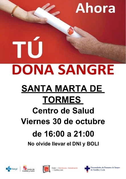 donasangreCYL's tweet photo. #DONASANGRE Viernes 30 octubre estaremos en el Centro de Salud de SANTA MARTA DE TORMES de 16.00 a 21.00h. Llevar DNI y boli. Gracias @AytoSantaMarta @pcivilstmarta https://t.co/mlc1TVSIIF