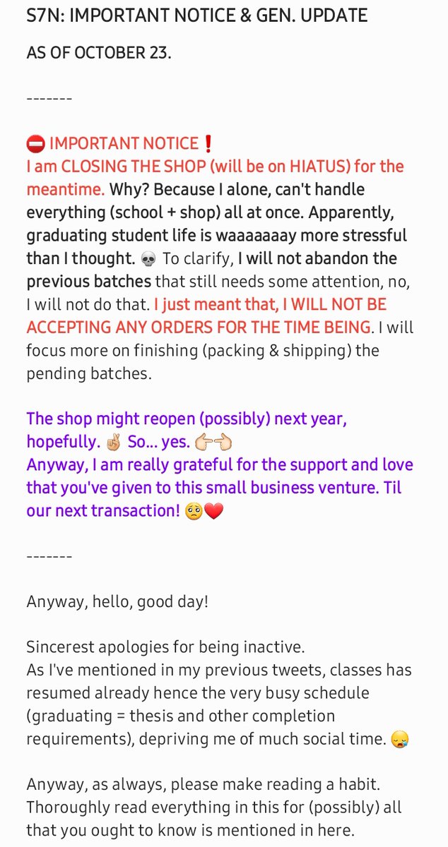 kkk07_twt's tweet photo. #7RE; IMPORTANT NOTICE & MASS UPDATE as of OCT. 23 🌟
Hi, sincerest apologies for being inactive. Sched's hectic af, barely have the time to check BTS (& shop, twt in gen.) 😭🤧
Any, please read errthing in the attached photos for updates & etc.
🔗 BOR: https://t.co/J8pn38MHHz https://t.co/WSRJVVUoXk