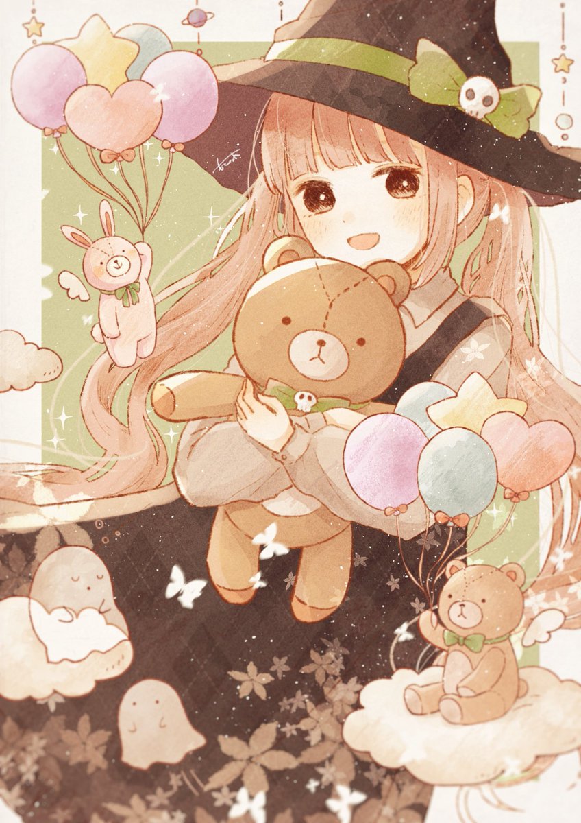 1girl stuffed toy stuffed animal hat teddy bear balloon witch hat  illustration images