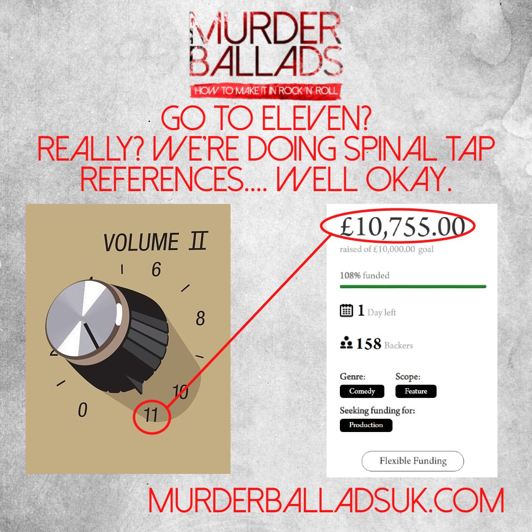 Elaborate Spinal Tap reference being made by our donors. We salute your commitment to a joke. We'd do the same thing. Go to murderballadsuk.com if you want us to go "one louder" #JoinTheBand #MakeTheFilm #MurderBalladsUK #rock #metal #comedy #indiefilm #crowdfunding