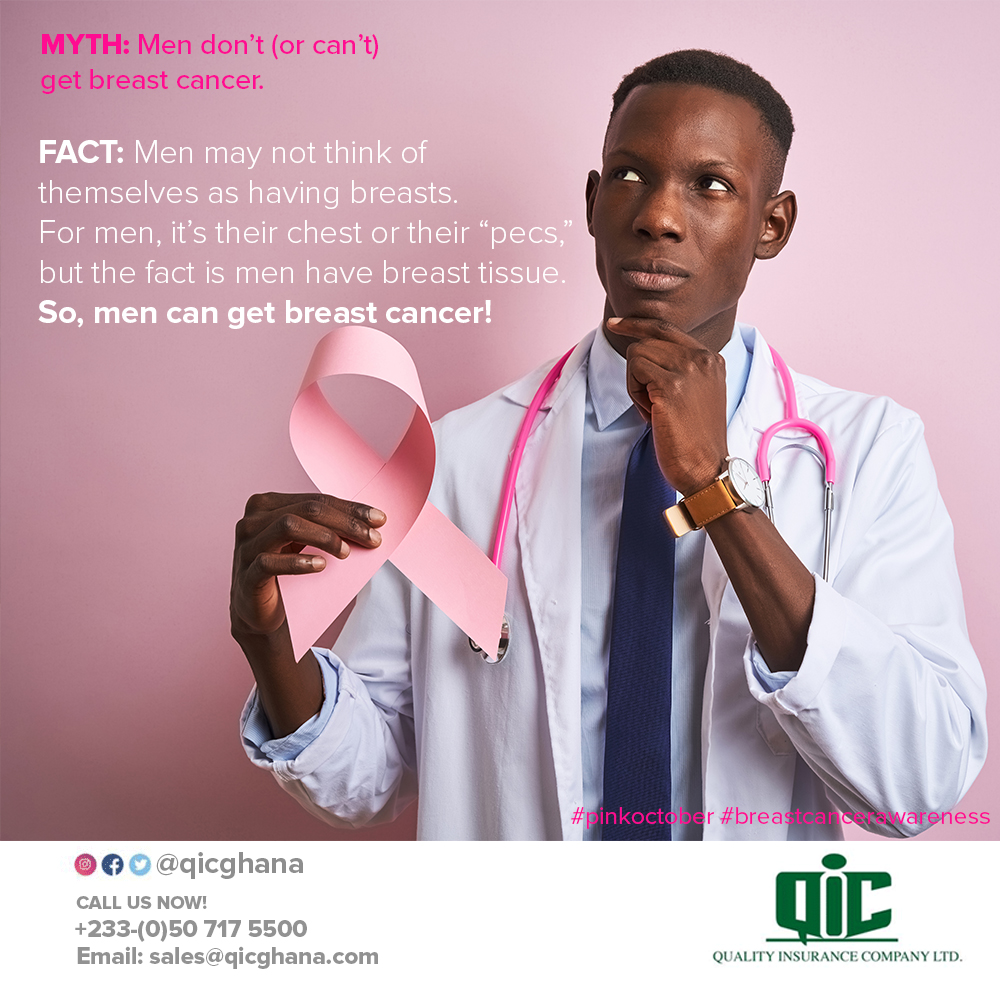 Myth: Men don’t (or can’t) get breast cancer.
Fact: Men may not think of themselves as having breasts. For men, it’s their chest or their “pecs,” but the fact is men have breast tissue. So, men can get breast cancer!
#loveyourbreast #breastcancerawreness #noloongthing #QIC