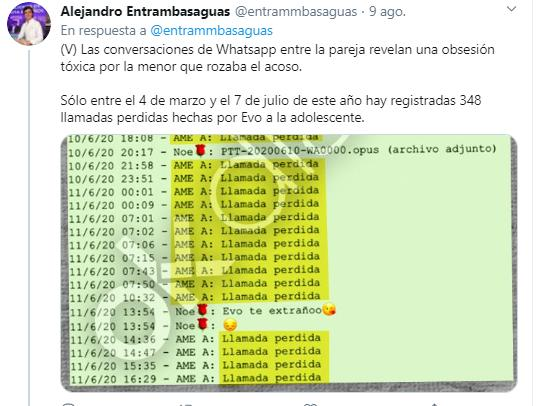 Lo más extraño es que solo Entrambasaguas hizo público la información conseguida pero sin que exista ningún proceso judicial ni investigación según el viceministro solo existen las publicaciones de el que muestra supuestas capturas del teléfono de la joven https://twitter.com/JulianMaciasT/status/1309216453418156032?s=20