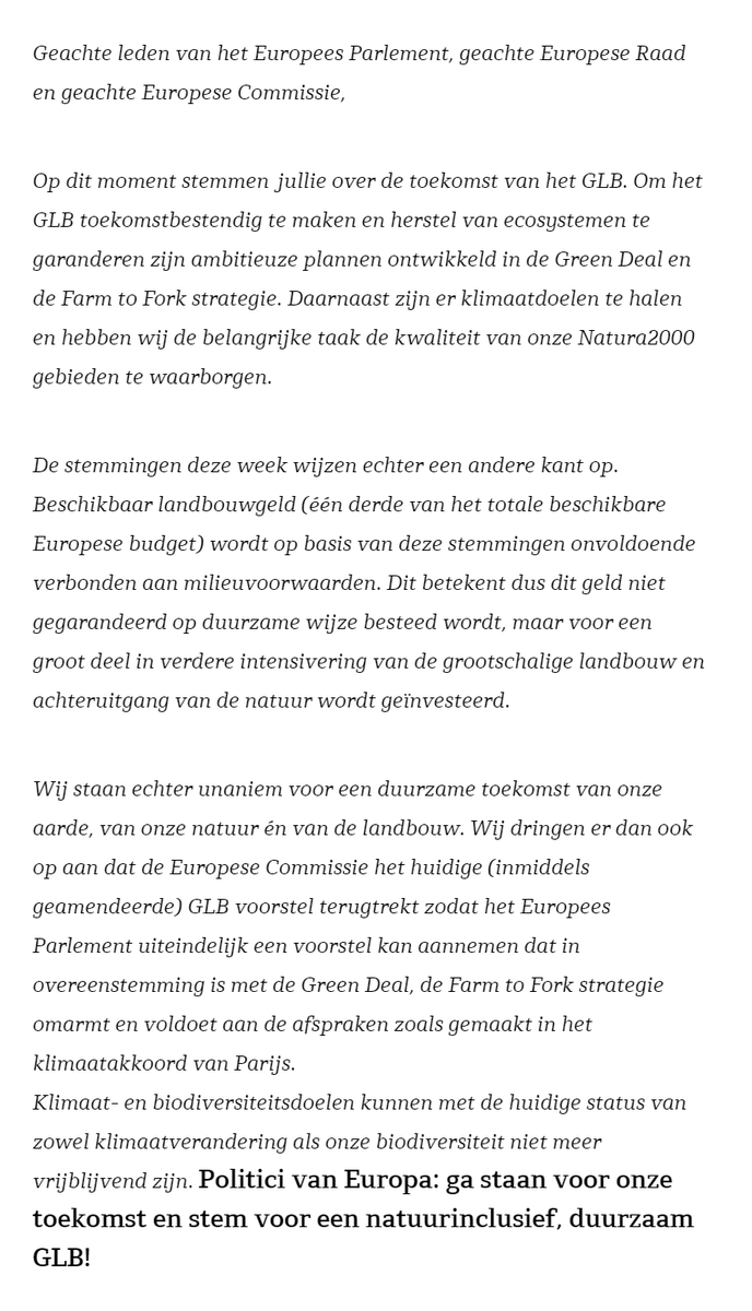 TriodosNL's tweet photo. Vandaag is de eindstemming over het Gemeenschappelijk Landbouwbeleid van de EU. En dat ziet er niet goed uit. Met oa @WWF @urgenda @Natuurmonument @GreenpeaceNL @vogelnieuws maken wij daarom dit #statement ππ gericht aan de @EU_Commission #EUGreenDeal #FutureofCap #VoteCAPback https://t.co/wStt6ECT7D