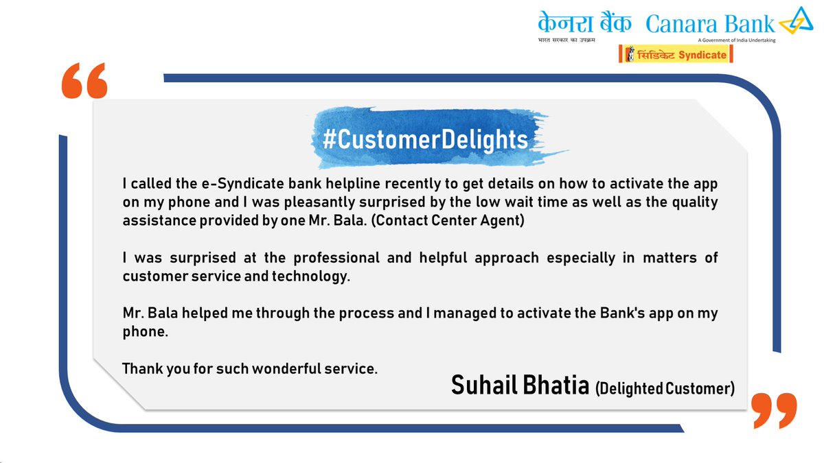 canarabank's tweet photo. One of our esteemed customers, Mr. Suhail Bhatia had called our Contact Center for help in activating his mobile banking app. Here's what he has to say about his #Canara experience.
#CustomerDelights #CanaraConnect #TogetherWeCan https://t.co/9gP01xTaWF