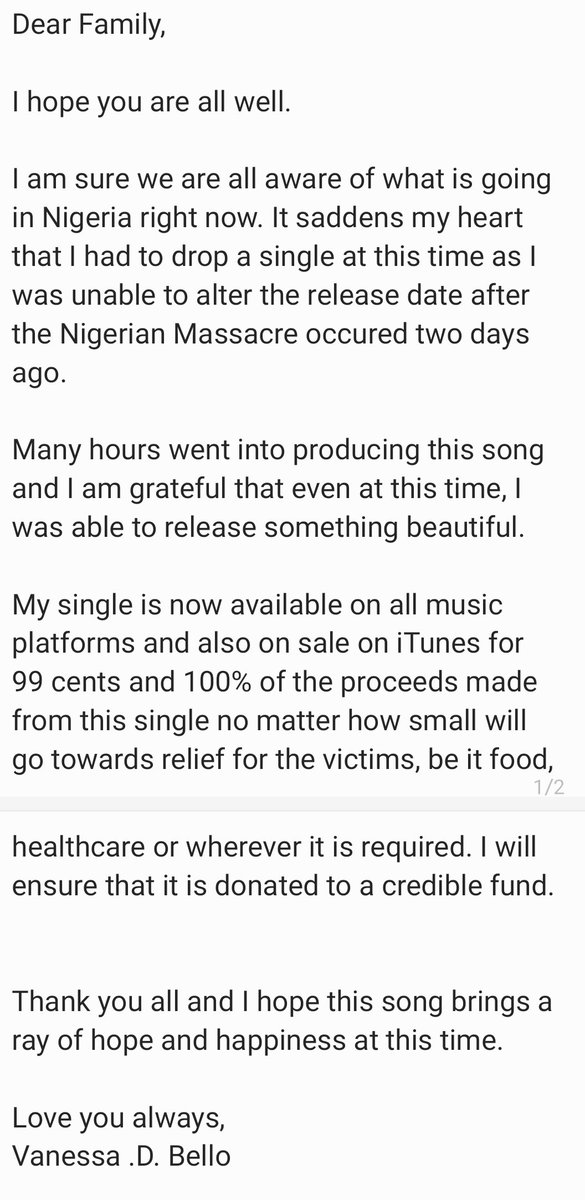 MissVeeDeeBee's tweet photo. My single is now available on all music platforms and also on sale on iTunes for 99 cents and 100% of the proceeds made from this single no matter how small will go towards credible relief fund for the #NigeriaMassacre victims, be it food, healthcare or wherever it is required. https://t.co/5k2uJah9Nr