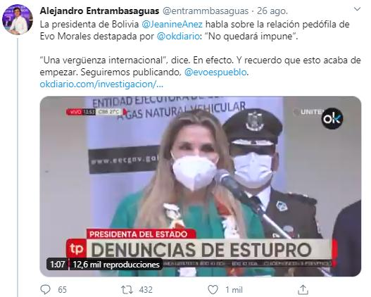 La propia Jeanine Anez amplió la denuncia exclusiva de Entrambasaguas que ni la propia policía elevó al sistema judicial, sino como propaganda de cara a las elecciones en Bolivia. https://twitter.com/JulianMac...
