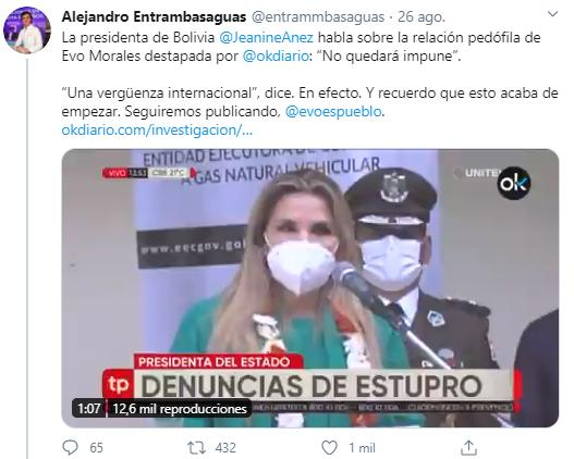 La propia Jeanine Anez amplió la denuncia exclusiva de Entrambasaguas que ni la propia policía elevó al sistema judicial, sino como propaganda de cara a las elecciones en Bolivia. https://twitter.com/JulianMaciasT/status/1309216458795294724?s=20