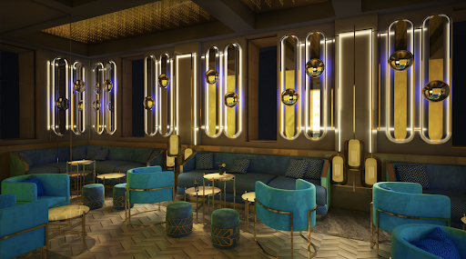 El juego de azules y dorados, junto con el tándem de luces y terciopelo, son las pieza clave de este diseño interior.

Sky Bar Terrace, Hotel Iberostar Paseo de Gracia, Barcelona. 2017. 
Diseño e interiorismo

#Futur2 #Futur2Estudio #Barcelona #Nightclub #Skybar