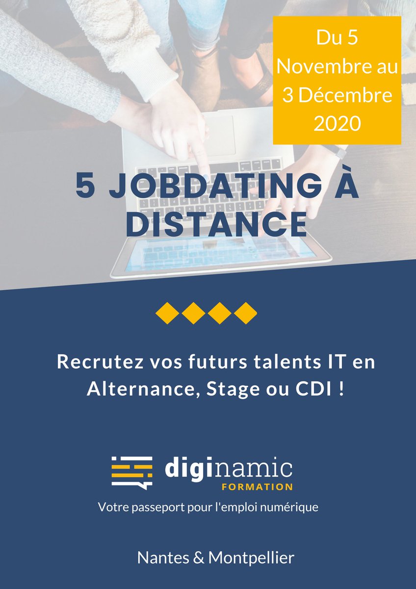 Diginamic's tweet photo. 📢 RECRUTEURS 📢
Inscrivez-vous à nos Jobdating virtuels pour trouver vos futurs talents IT sur Nantes et Montpellier.
📝Inscription : https://t.co/KyTlNtPQCV
📧Demande d'informations : contact@diginamic.fr

#jobdating #virtuel #nantes #montpellier #développement  #data #testing https://t.co/GwKGpK5gT5