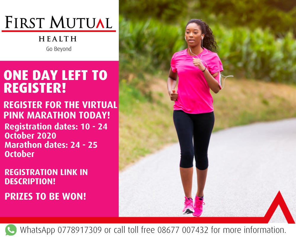 ONE DAY LEFT TO REGISTER

Registration Link: mobile.firstmutual.co.zw:9015
Registration closes: 24th October
Run dates: 24th - 25th October

Make sure to upload your results to our website and you could stand to win some prizes!

#Pinktober
#FirstMutualHealth
#BreastCancerAwareness