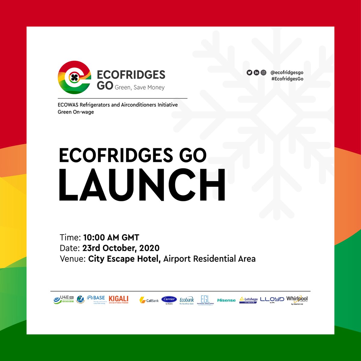 ActOnCooling's tweet photo. 📢⏱️ 15 MINUTES TO GO ⏱️📢
Join @U4Efficiency @Energy_BASE & guest speakers to learn about #ECOFRIDGESGO, a new #financingscheme that makes environmentally friendly #refrigerators & #ACs more accessible & affordable in #Ghana 🇬🇭
Event link 🔗https://t.co/6N1d9T7PUc https://t.co/TDe4jwAEjd