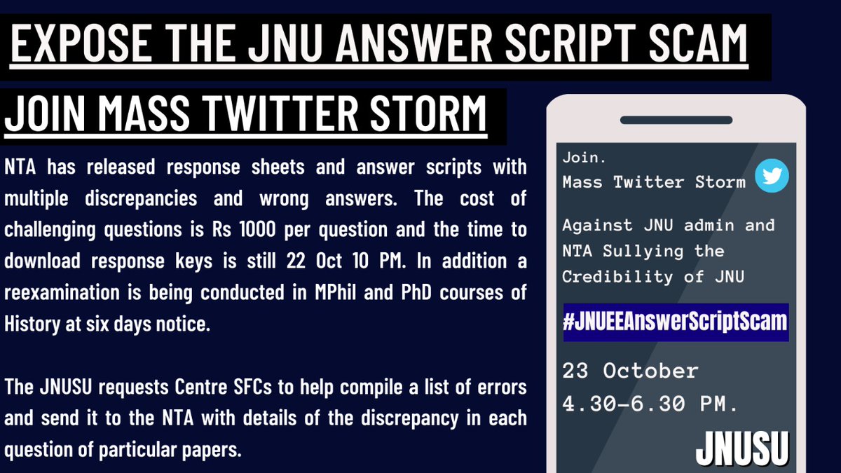 aisajnu's tweet photo. Expose the JNU Answer Script Scam
The NTA has released answer scripts with multiple discrepancies and wrong answers. In addition a re-examination is being conducted in MPhil and PhD courses of History at six days notice.
Join Twitter Campaign
#JNUEEAnswerScriptScam https://t.co/dQufAZZvzN