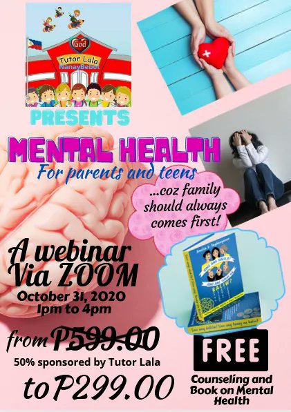 emmacobar's tweet image. To register, kindky text 09432996074 or 09052295359 look for Tutor Lala Cobar

#TutorLala
#MentalHealthWebinarForParentsandTeens
#MentalHealthMatters 
#MentalHealthAwarenessMonth 
#NanayBebotChildCareandTutorialCenter