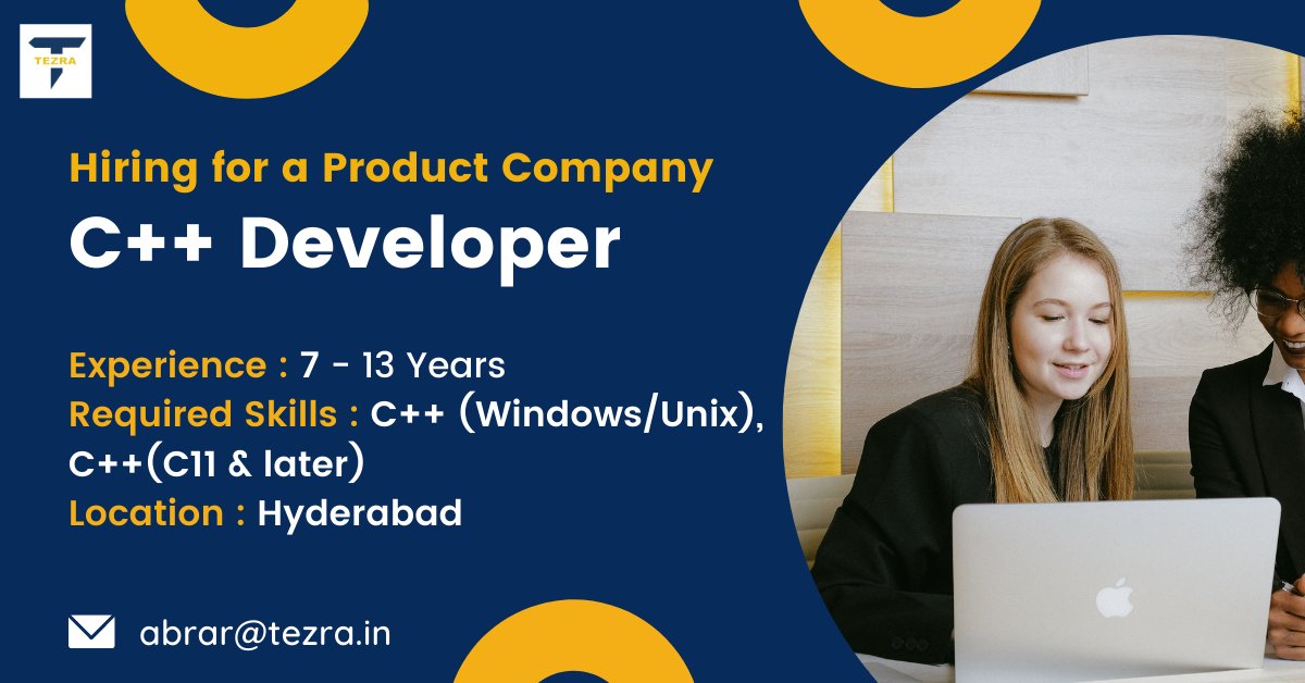 Tezrarecruiter's tweet image. We're #hiring #CPlusPlusDeveloper for a #Product Company
Location - #Hyderabad
Please send your profile to abrar@tezra.in
#windows #Unix #jobpost #jobsearch #opportunity #recruiting #career #devjobs #jobopening #job #jobs #jobseekers #jobhunt #jobposting #itjobs #hyderabadjobs