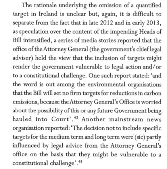 The GP/FF Climate Bill 2010 fell with the fall of that govt. When the next govt’s (FG/Labour) proposal emerged - what became the Climate Act 2015 - there were no targets at all, and this seems to have been based on advice from the (different) AG, as Conor Linehan highlights. 3/6